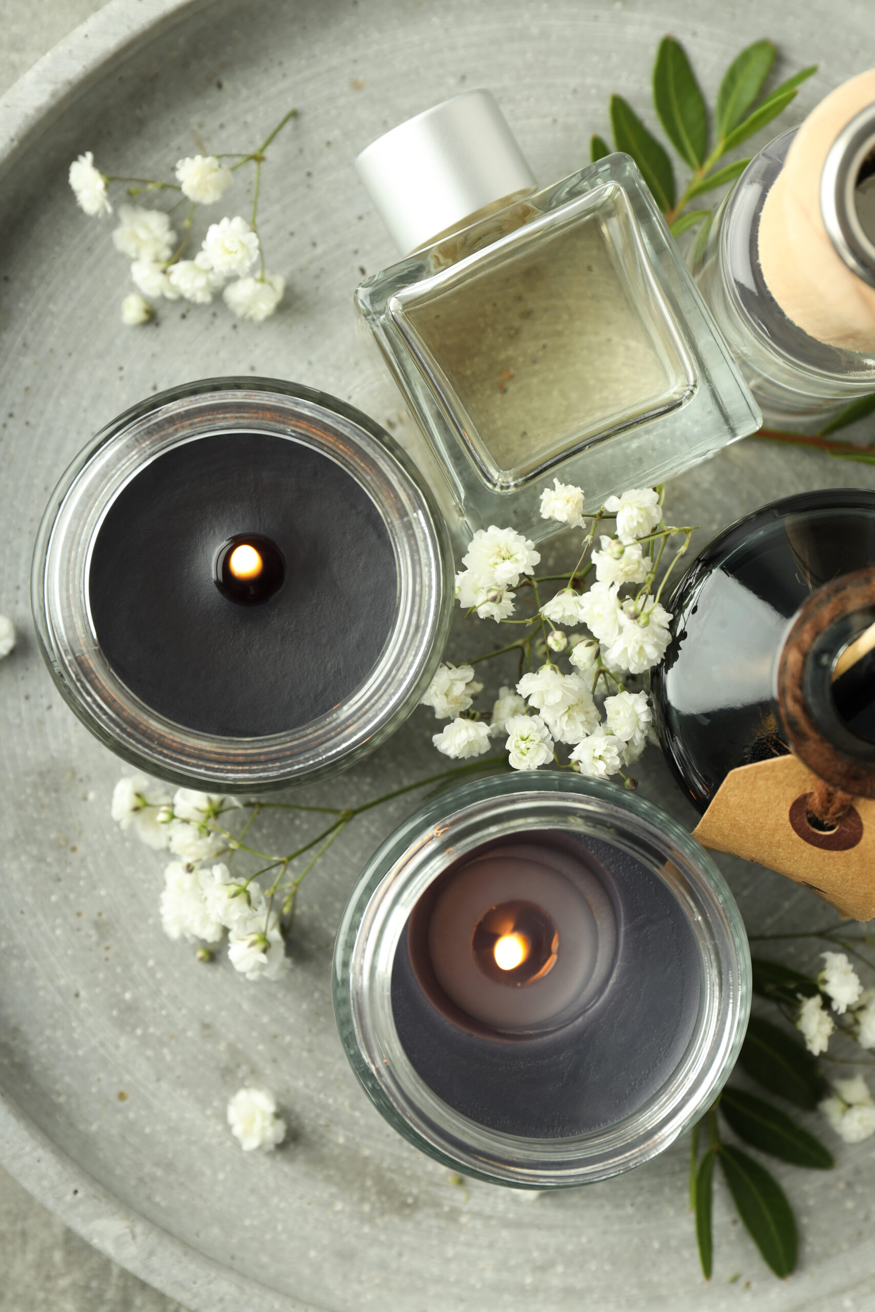 Concept of relaxation with aroma candles, top view